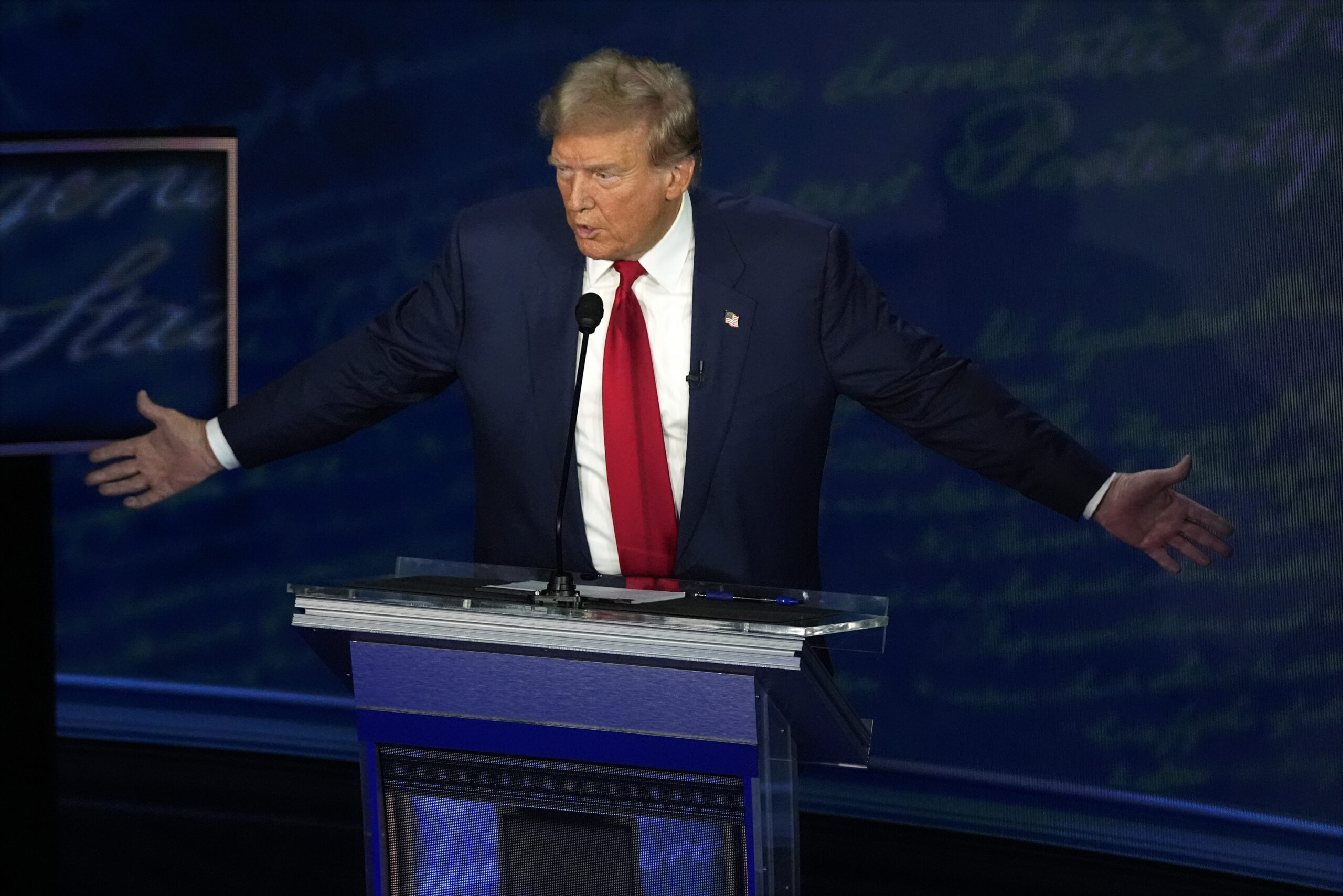 Republican presidential nominee former President Donald Trump speaks during a presidential debate w...