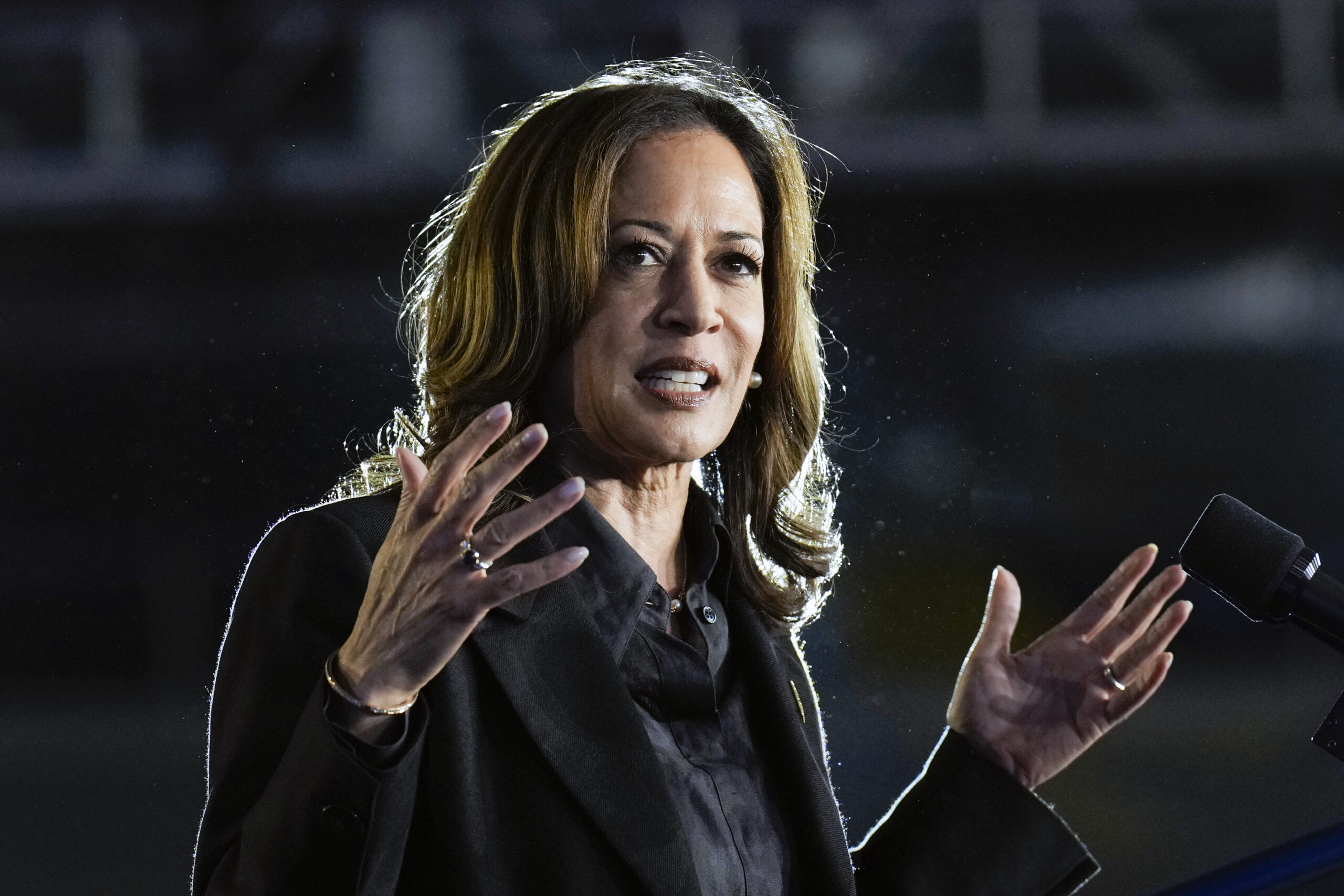 Democratic presidential nominee Vice President Kamala Harris speaks during a campaign event, Friday...