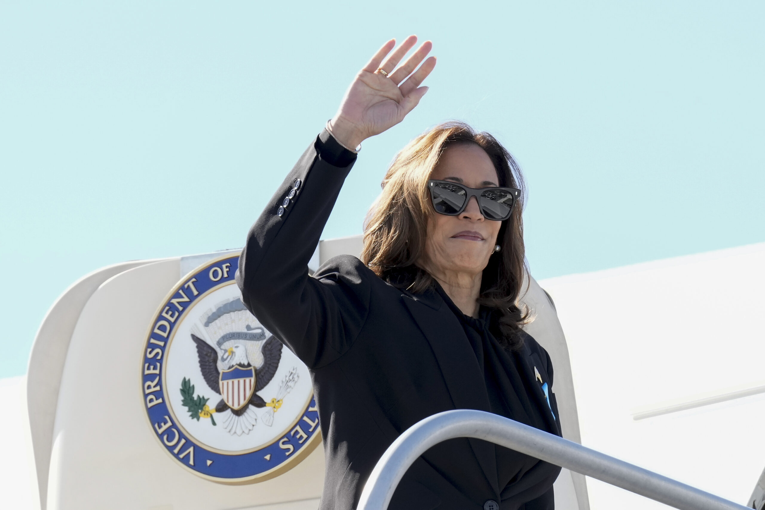 Democratic presidential nominee Vice President Kamala Harris boards Air Force Two at LaGuardia Airp...