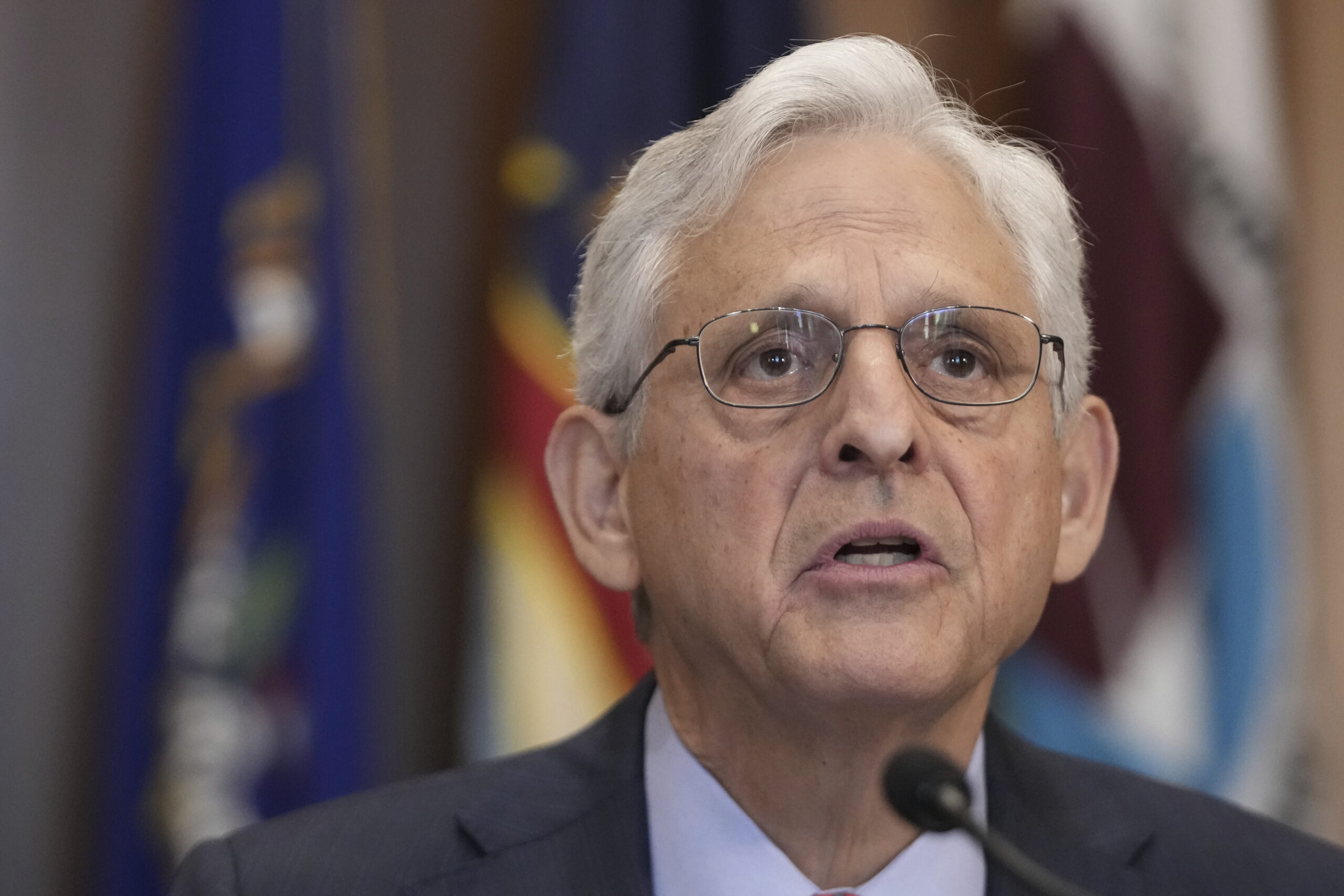 Attorney General Merrick Garland speaks during a meeting of the Justice Department's Election Threa...