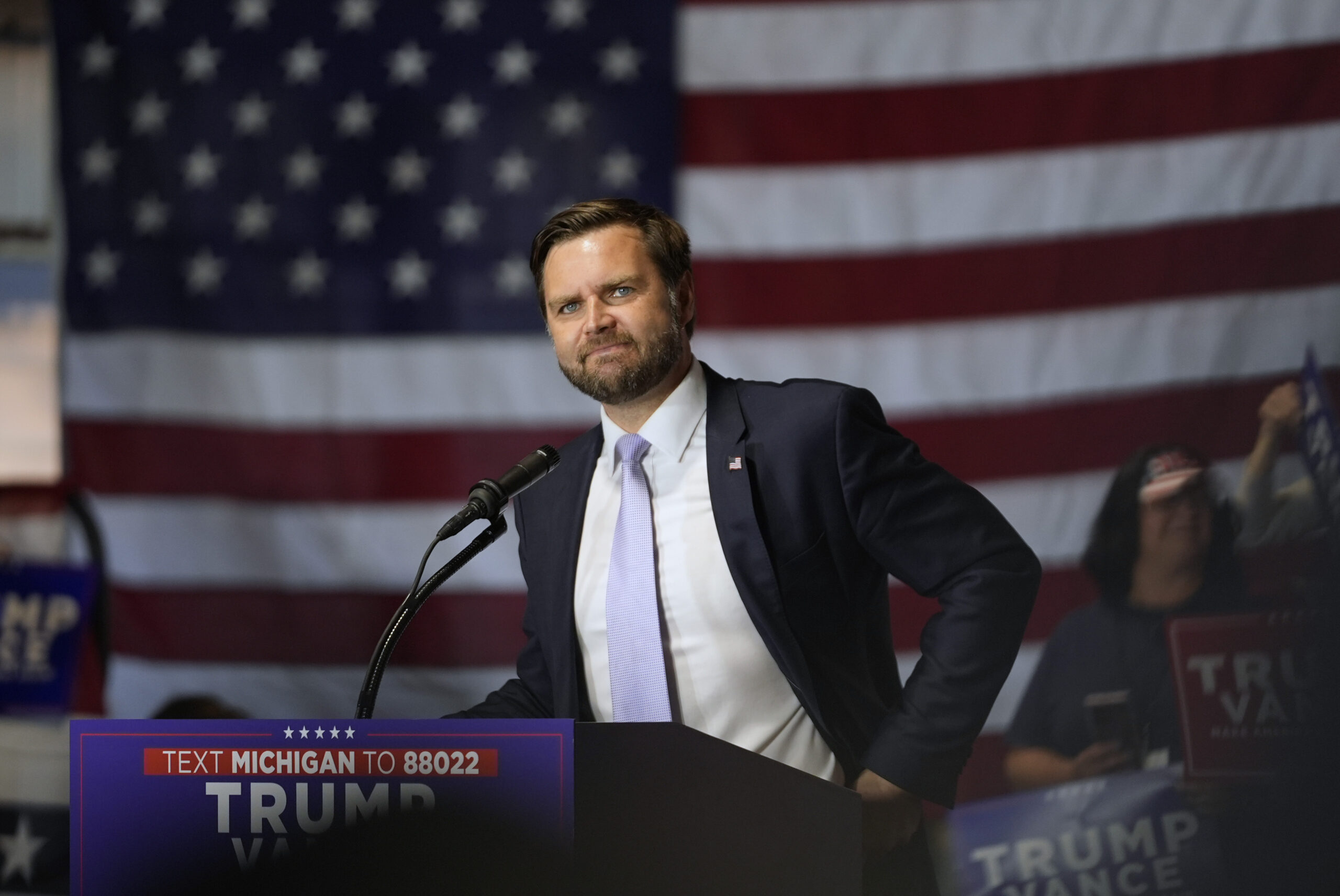 Republican vice presidential nominee Sen. JD Vance, R-Ohio, speaks at a campaign event Wednesday, S...