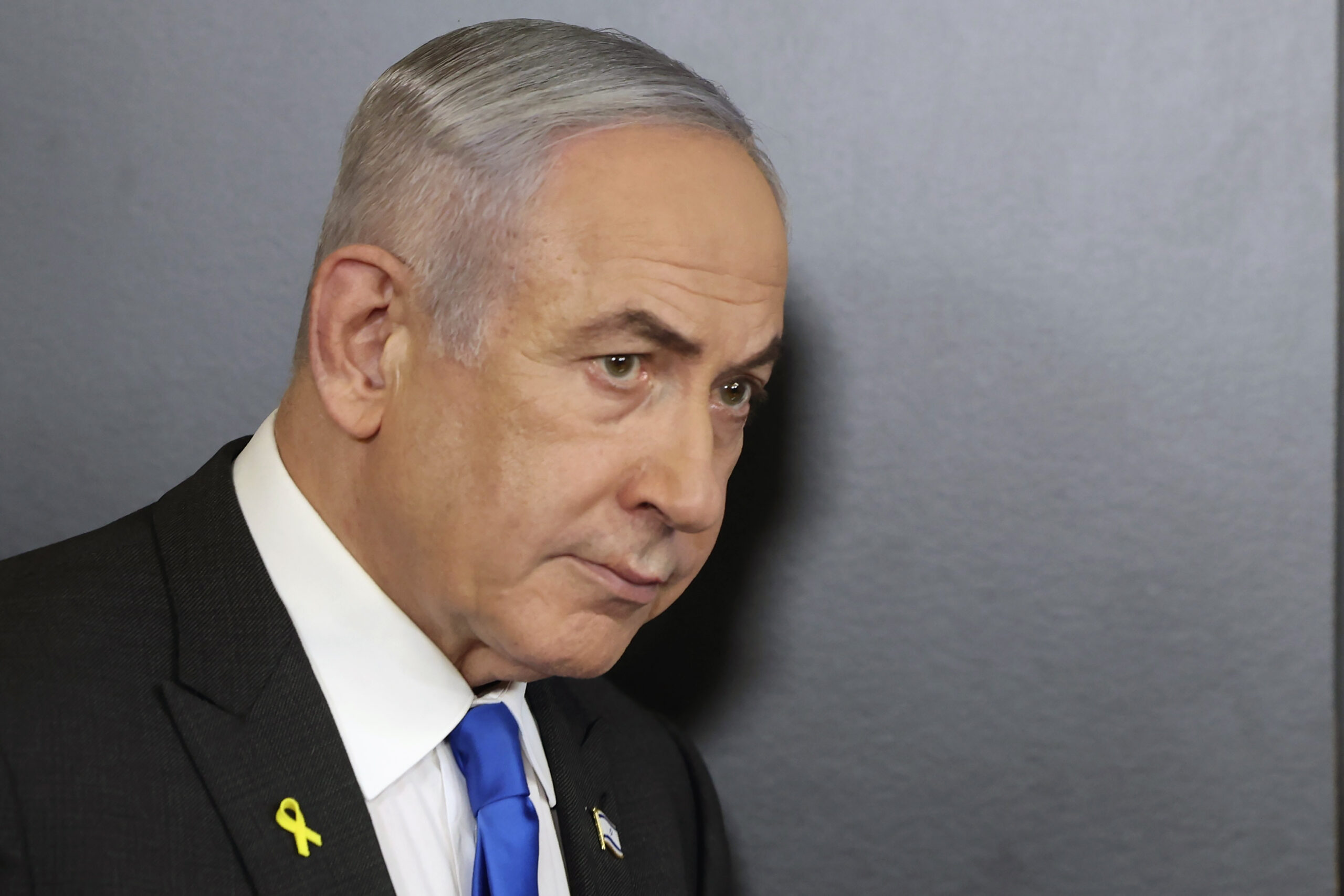 Israeli Prime Minister Benjamin Netanyahu attends a press conference at the Government Press office...