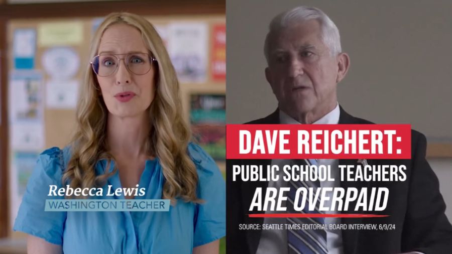 Image: An attack ad by Bob Ferguson claims Dave Reichert thinks teachers should have less pay....