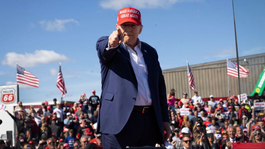 Photo: Republican presidential nominee former President Donald Trump departs a campaign event at th...