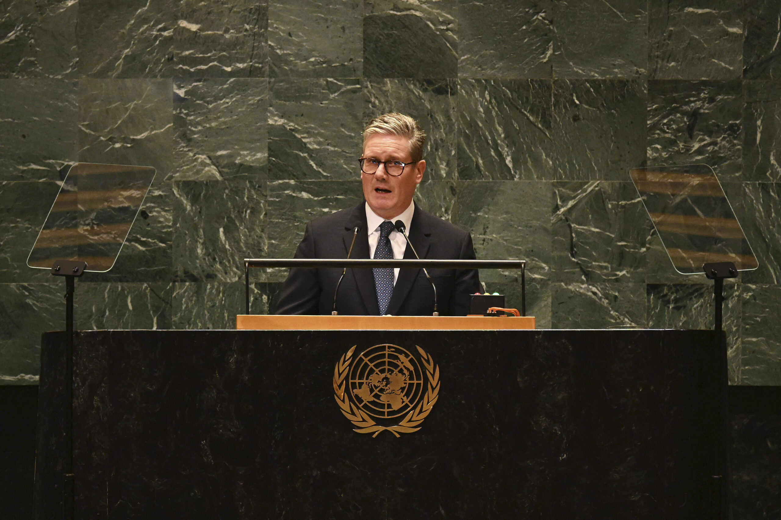 Britain's Prime Minister Keir Starmer addresses the 79th session of the United Nations General Asse...