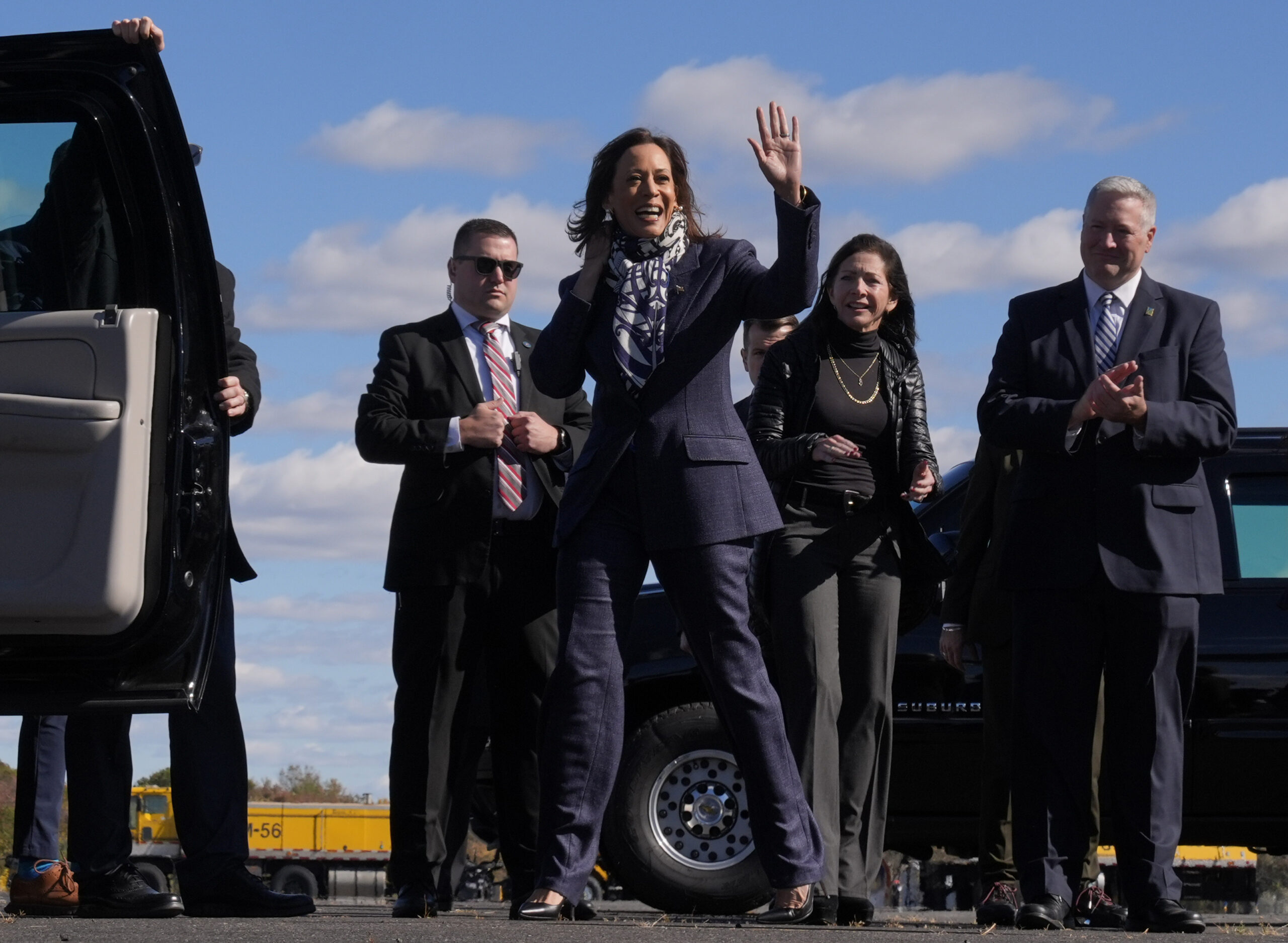 Democratic presidential nominee Vice President Kamala Harris, arrives at Trenton-Mercer Airport, in...