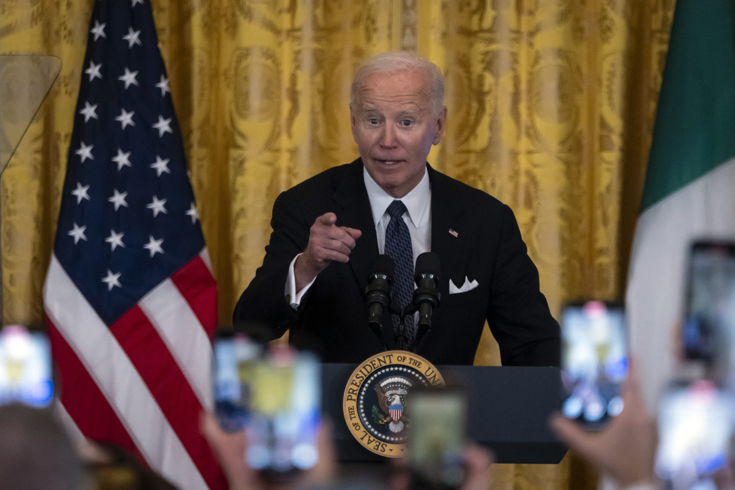 President Joe Biden speaks at a reception marking Italian-American Heritage Month, in the East Room...