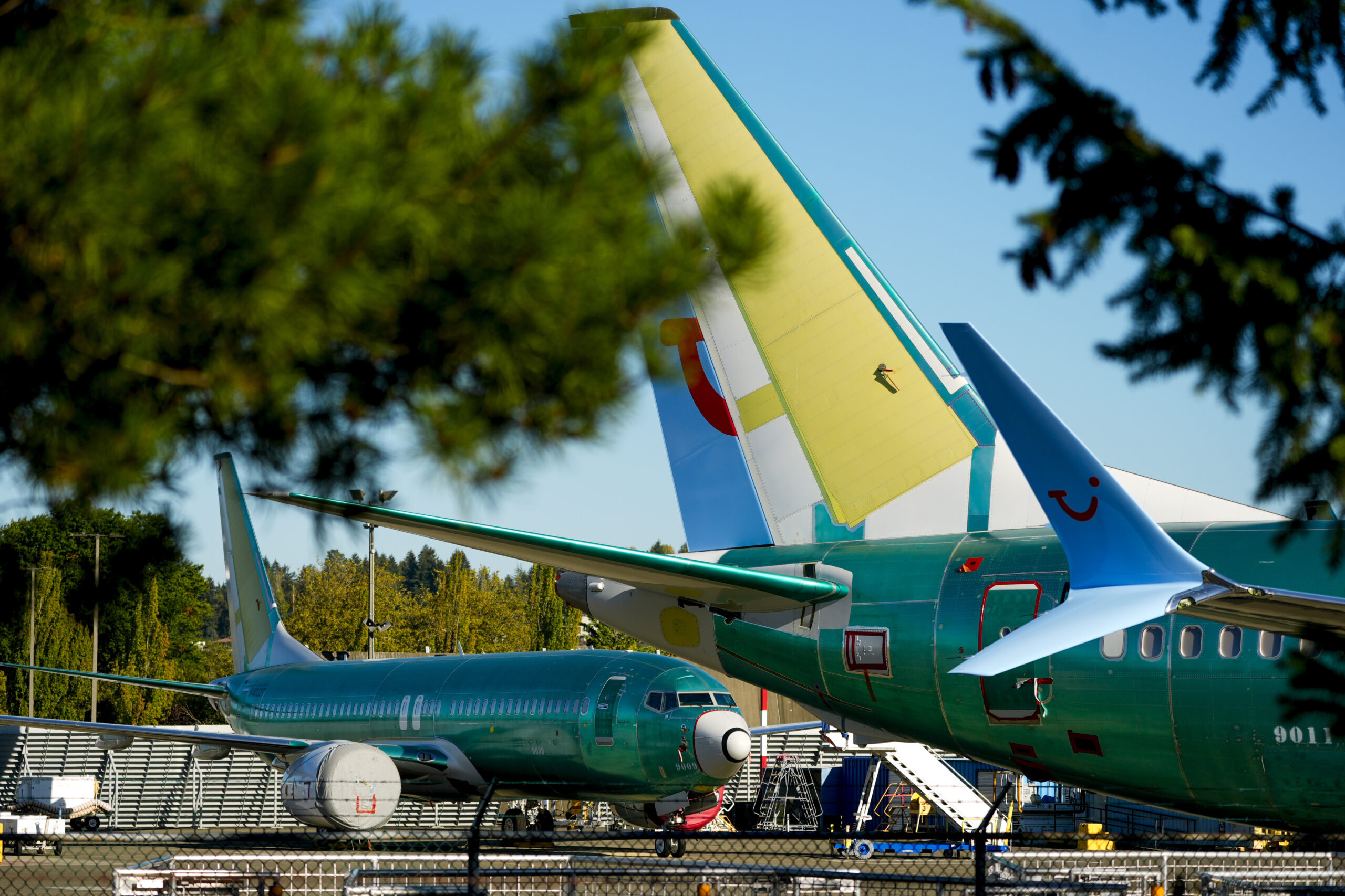 FILE - Unpainted Boeing 737 Max aircraft are seen on Sept. 24, 2024, at the company's facilities in...