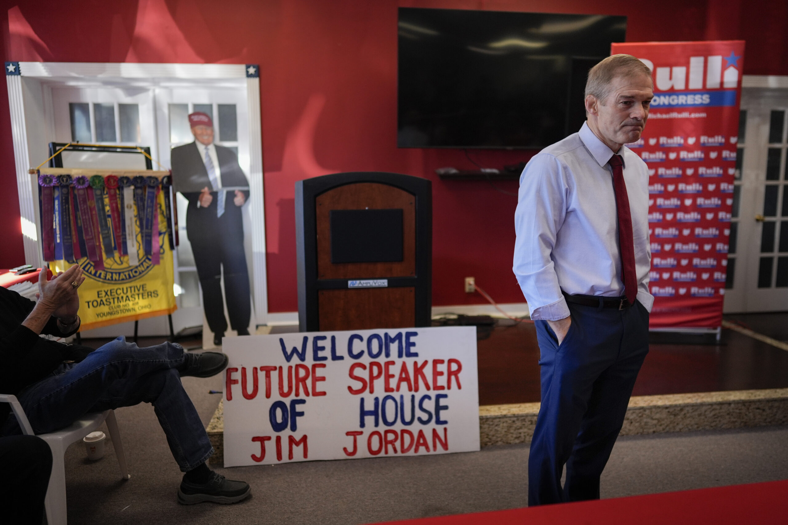 Rep. Jim Jordan, R-Ohio, pauses while speaking at a rally for Rep. Michael Rulli, R-Ohio, at the Ma...