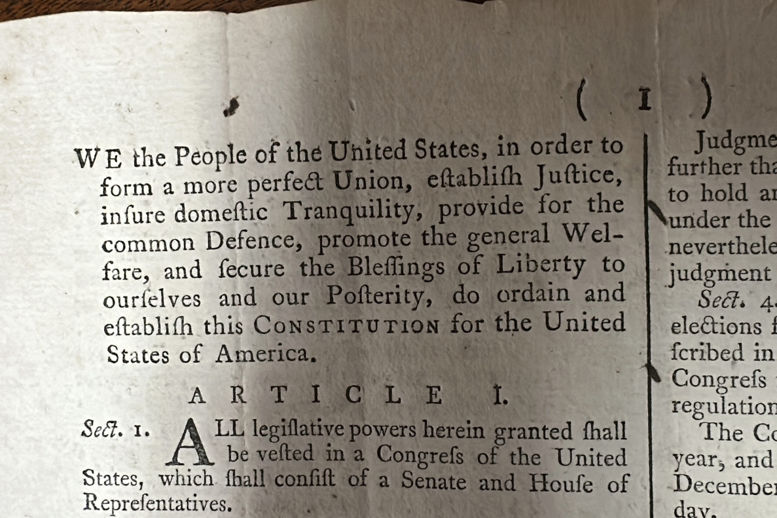 FILE - Part of an 1787 copy of the U.S. Constitution that will be put up for auction is shown at Br...