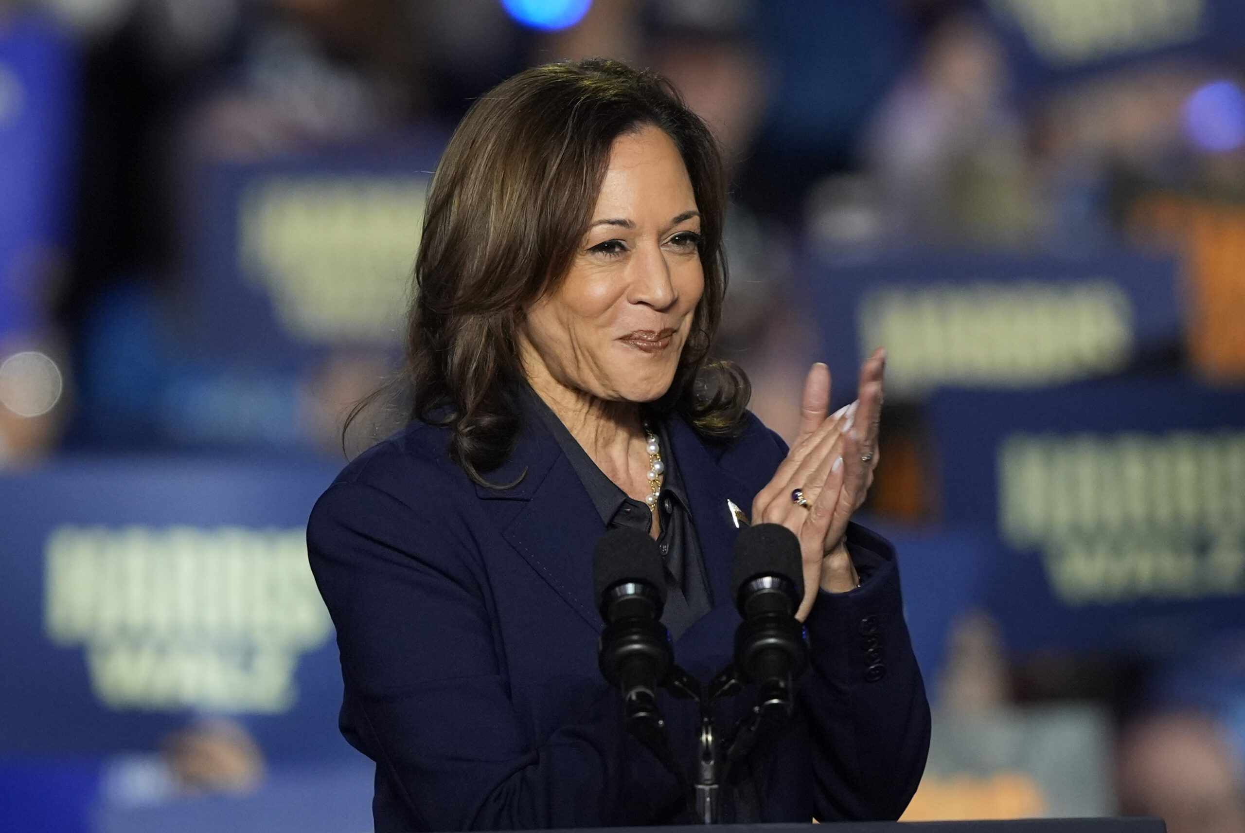 Democratic presidential nominee Vice President Kamala Harris speaks at a campaign rally at the Resc...