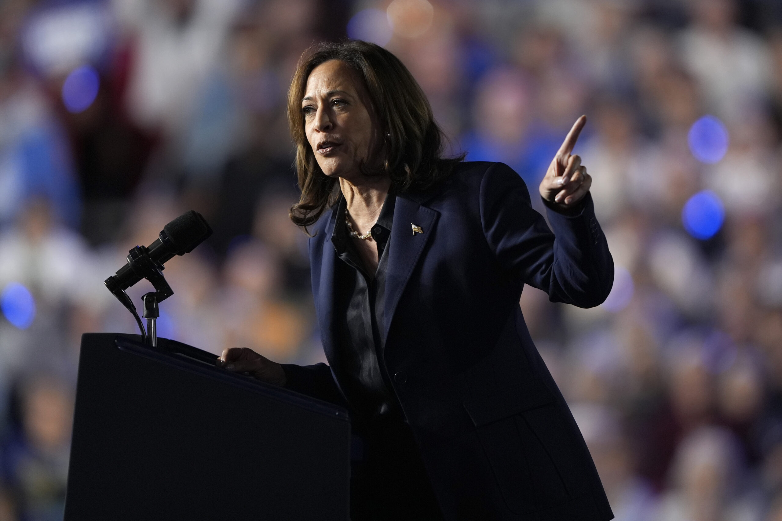 Democratic presidential nominee Vice President Kamala Harris speaks at a campaign rally at the Resc...