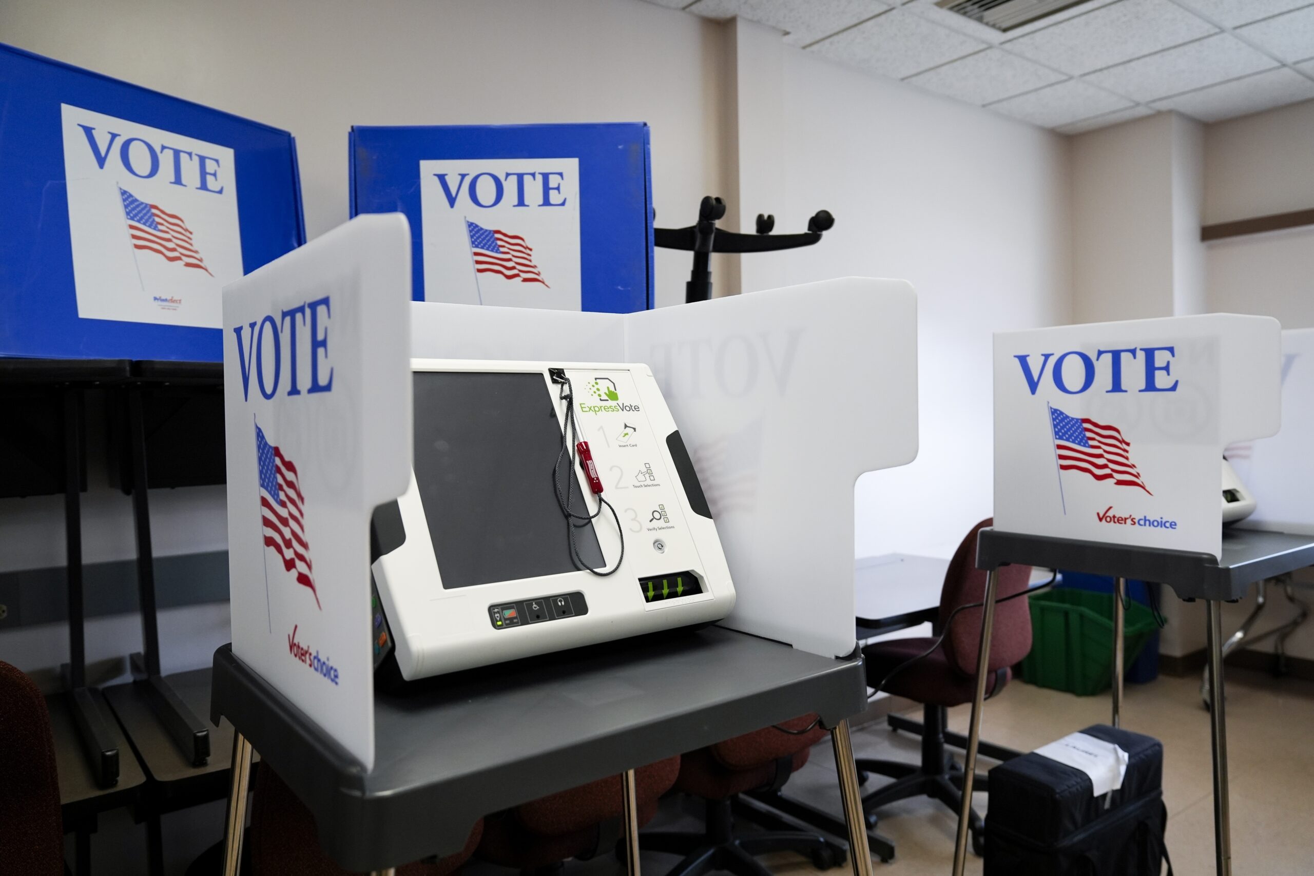 A ballot-marking machine is seen at an early in-person voting site at Asheville-Buncombe Technical ...