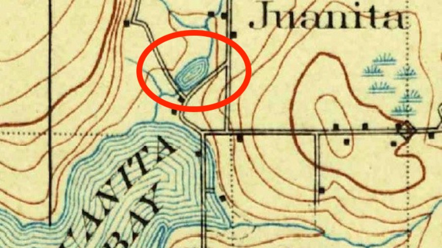 Image: The pond, which Forbes created by damming Juanita Creek, is shown on an 1897 USGS map. (Cour...