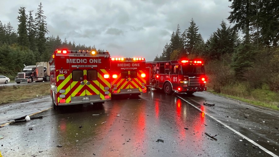 Image: Multiple Puget Sound Regional Fire Authority trucks are seen at the scene of a deadly collis...