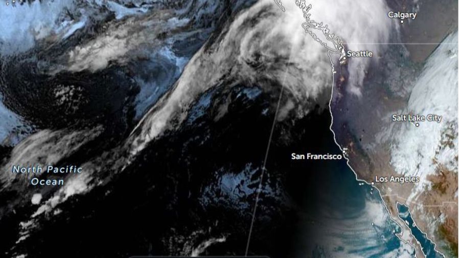 8 a.m. satellite image. The greatest amount of rainfall is moving into British Columbia. The tail e...