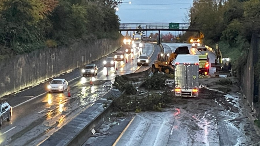 Image: A mudslide closed all lanes of I-5 north in Bellingham early in the morning of Sunday, Oct. ...