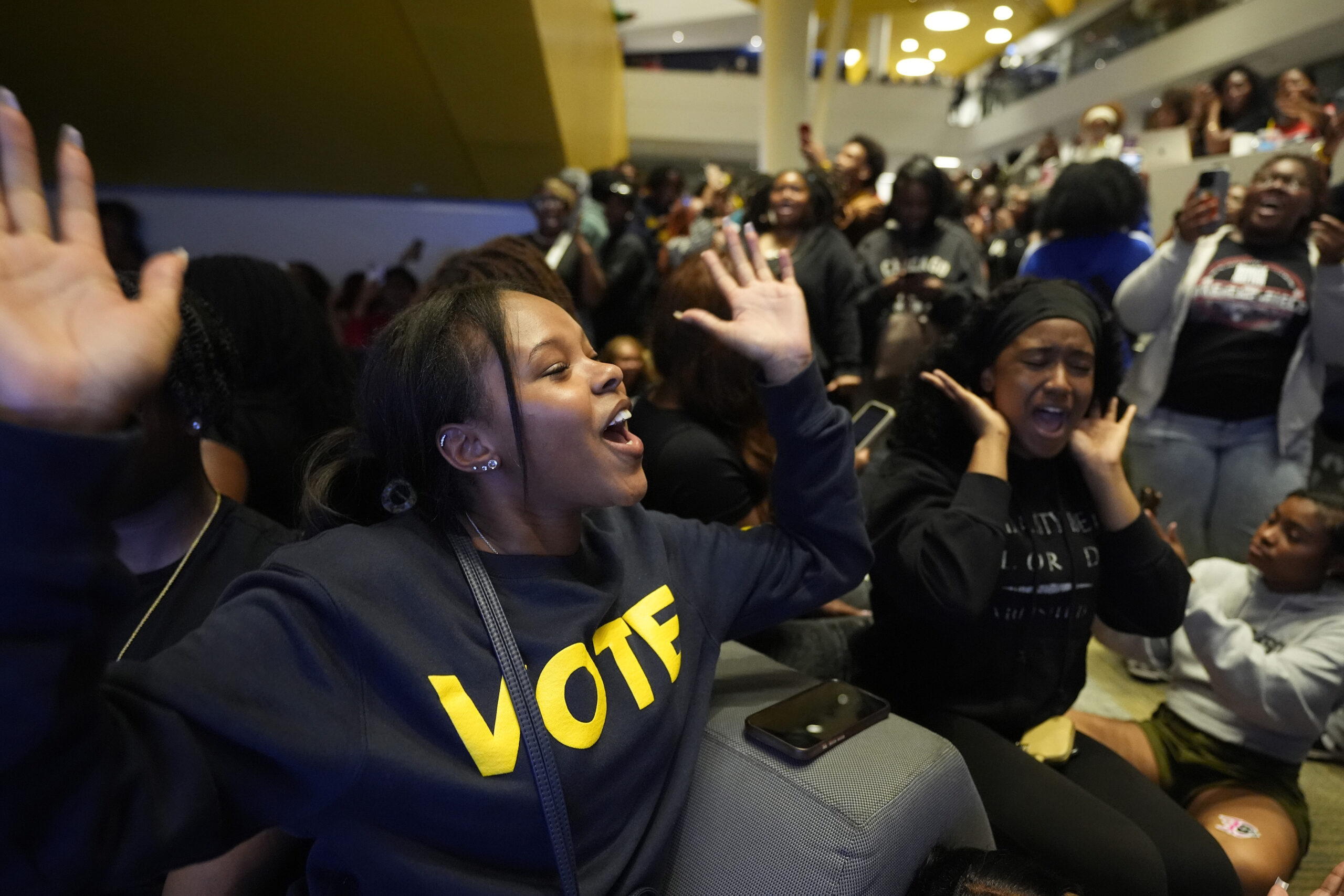 Zion Dawkins, an North Carolina A&T student, gathers with other students for an election night watc...