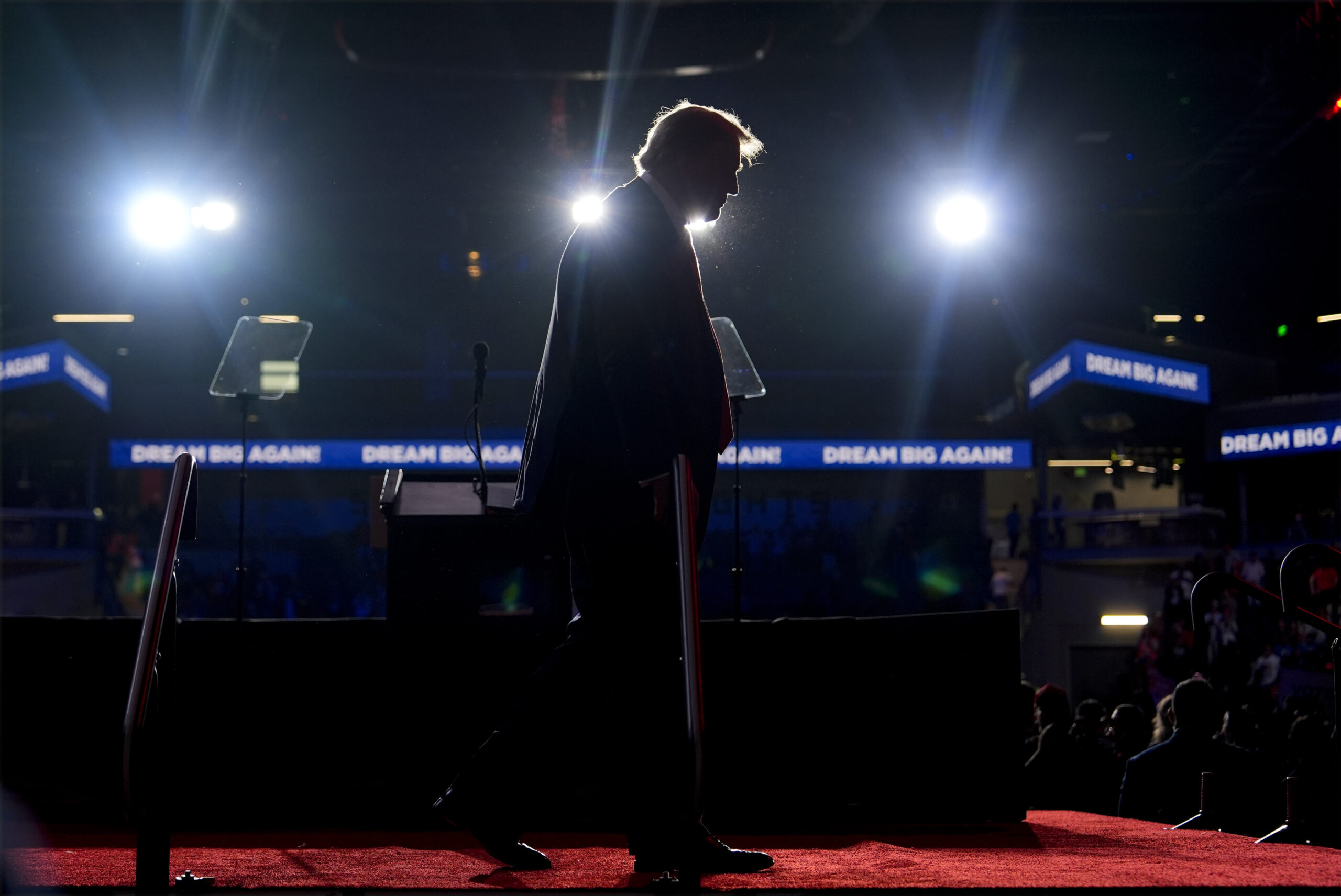 Republican presidential nominee former President Donald Trump walks from the podium after speaking ...