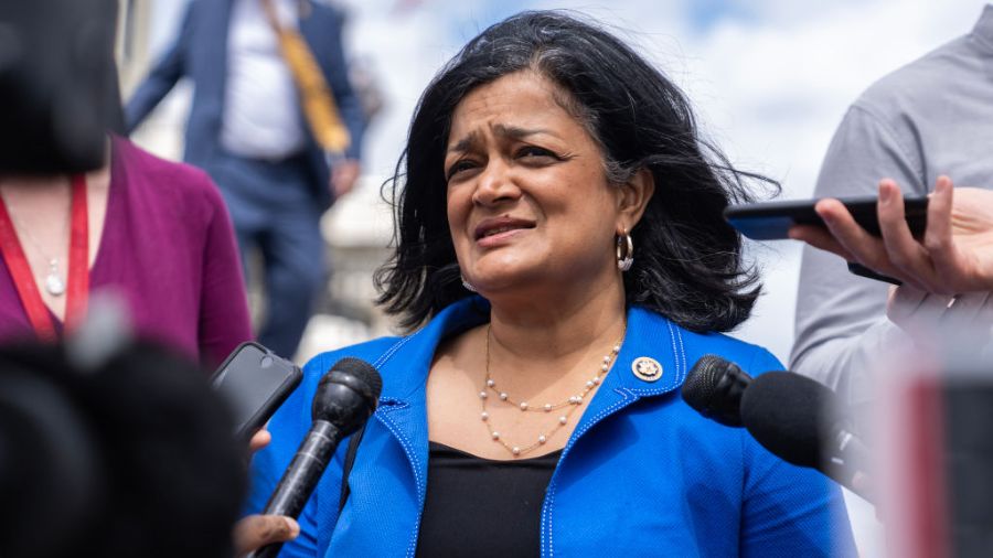 Photo: Rep. Pramila Jayapal, D-Wash., talks with reporters outside the U.S. Capitol after the House...