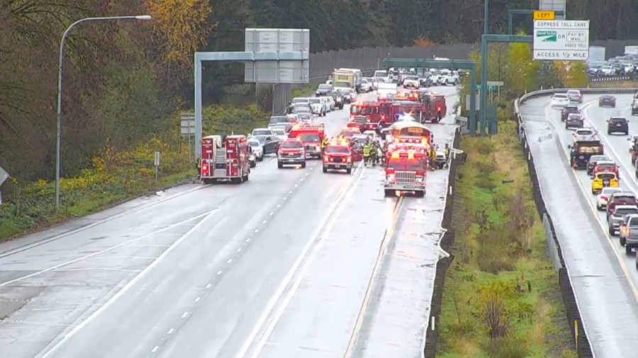 Image: A collision caused traffic delays on I-405 south in Bothell on Wednesday, Nov. 13, 2024. (Im...