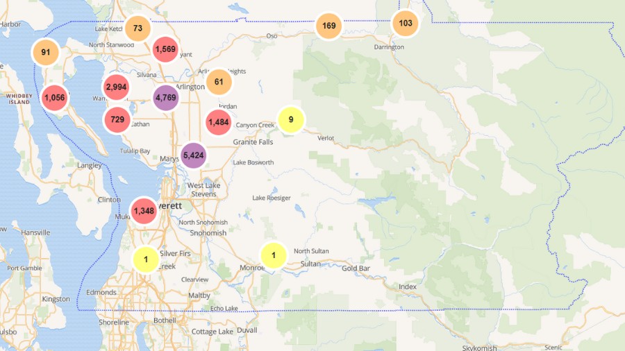 Image: A map of Snohomish County power outages as of 3:15 p.m. on Monday, Nov. 4, 2024 can be seen ...