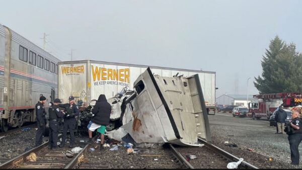 Amtrak train hits semi truck stuck on the tracks in Auburn