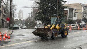 Snow fell in South Lake Union on Monday.