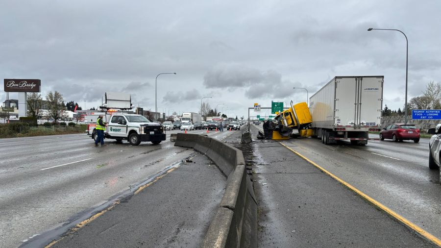 Tacoma I-5 jack-knifed semi-truck...