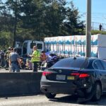 An accident involving a semi-truck blocked all northbound lanes and several southbound lanes on I-5 near Northgate Way. (Photo: Spike O'Neill, KIRO Newsradio)