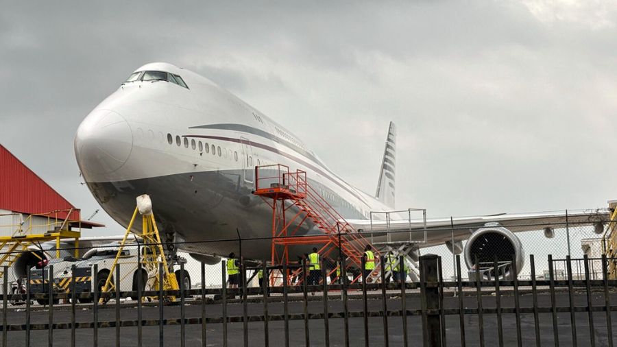FILE - A Boeing 747 with the color scheme of planes used by the Qatari royal family is seen Friday,...