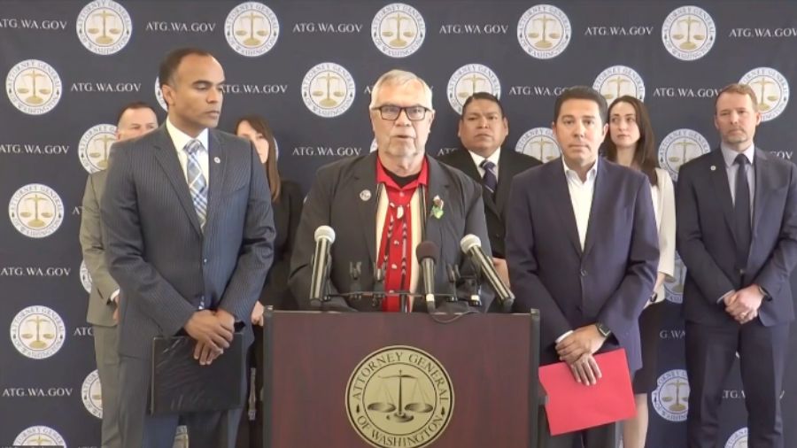 Washington Attorney General Nick Brown and Cowlitz Tribal Chairman Bill Iyall speak at a press conf...