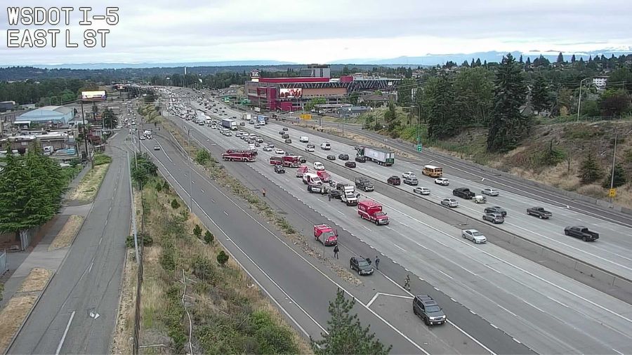 A photo of the collision on southbound I-5 blocking all lanes. (Photo courtesy of the Washington St...