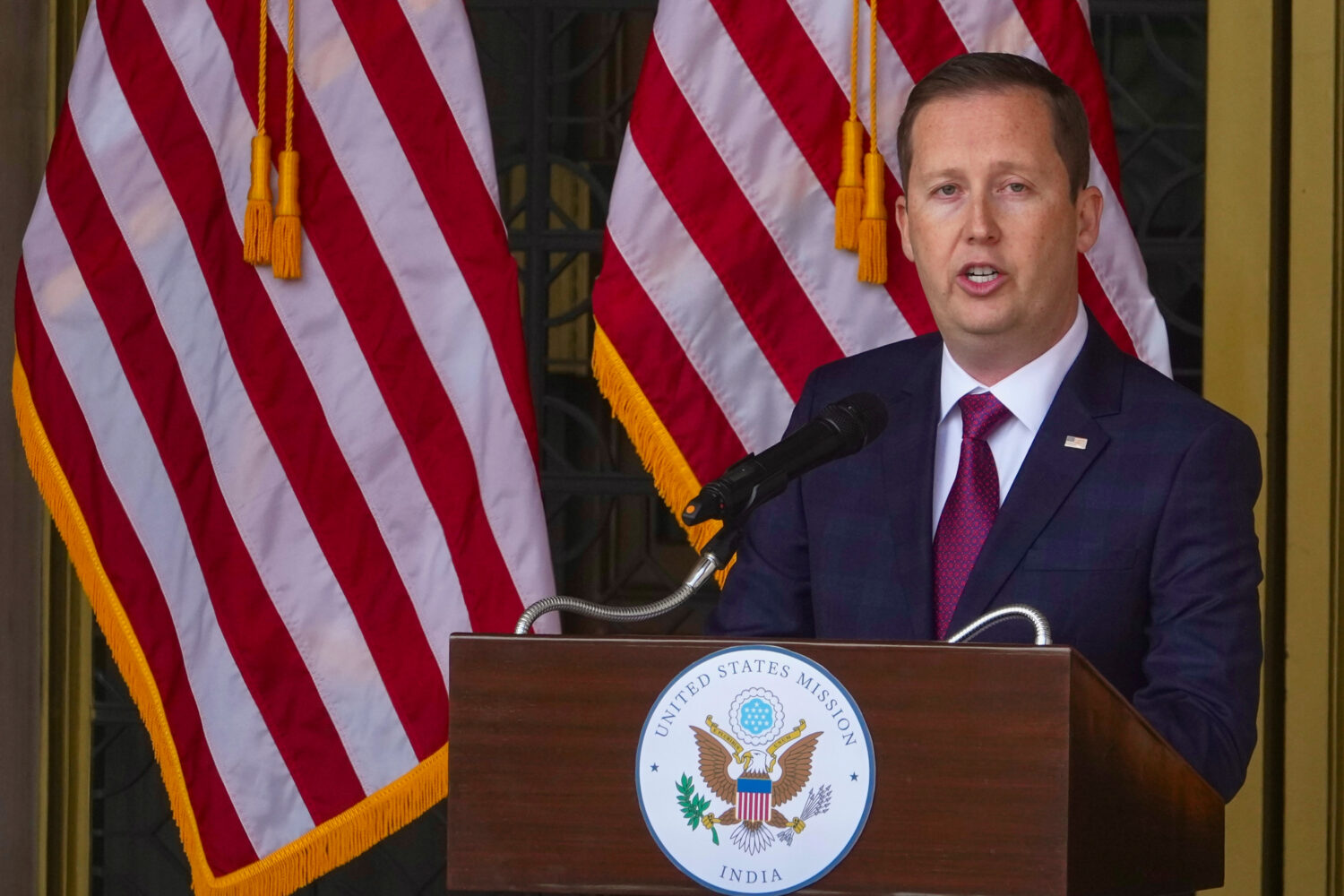 U.S. Ambassador-designate to India Sergio Gor speaks to embassy officials and media upon his arriva...