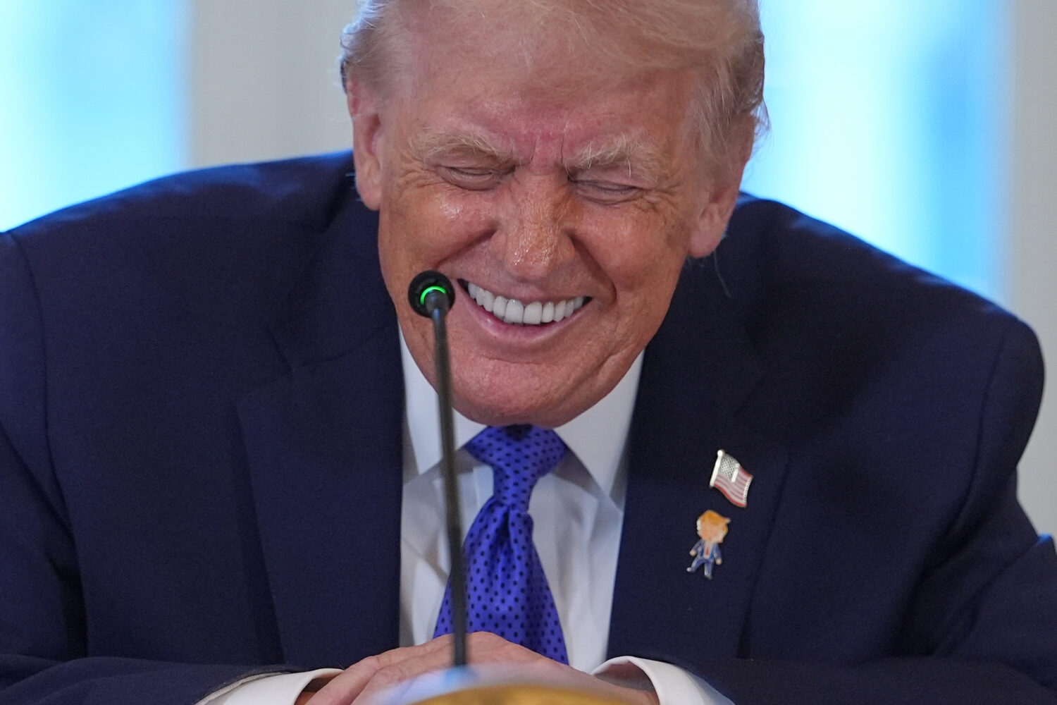 President Donald Trump laughs during a meeting with oil executives in the East Room of the White Ho...