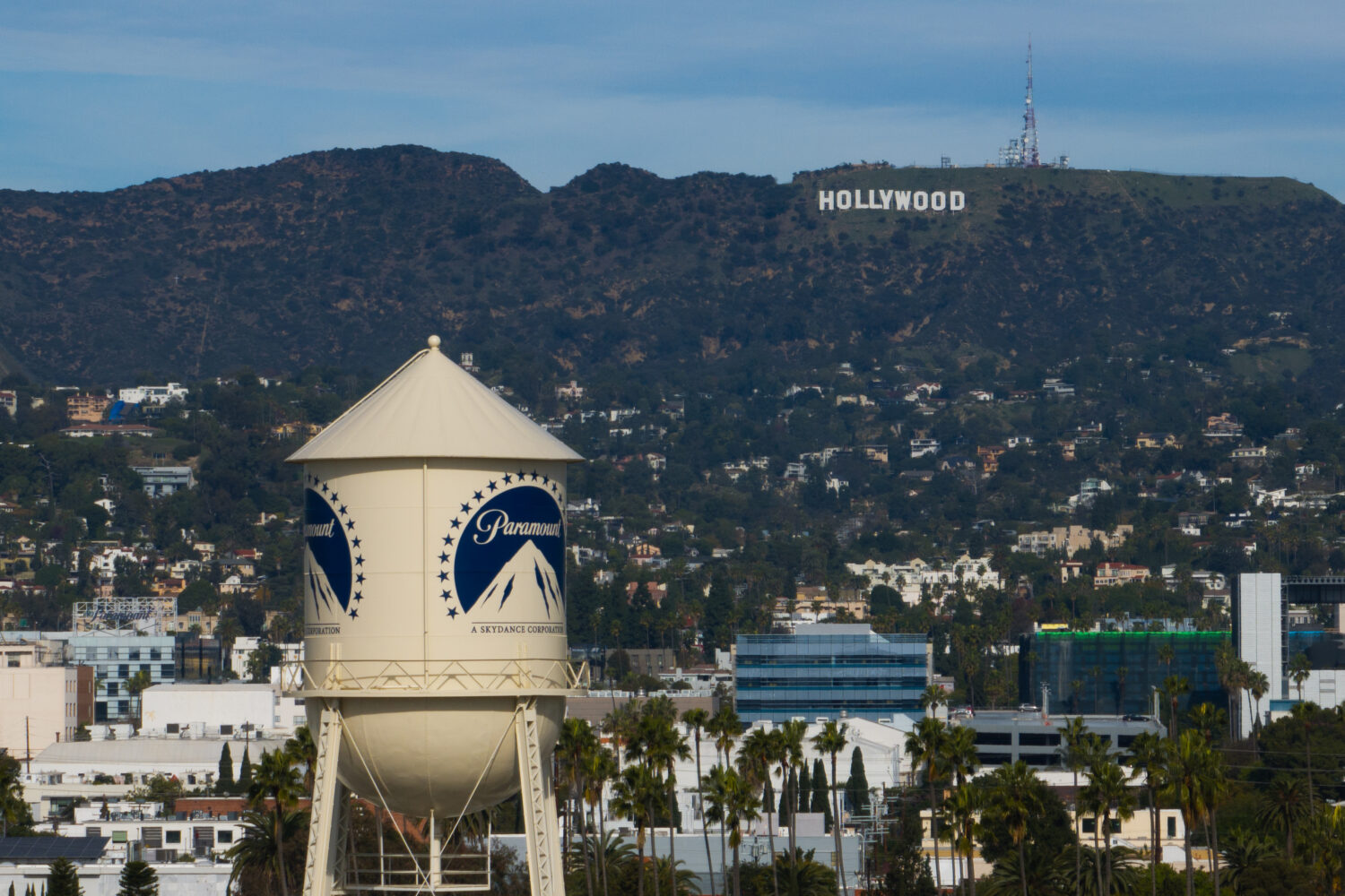 The Paramount Pictures water tower is seen in Los Angeles, Thursday, Dec. 18, 2025, with the Hollyw...