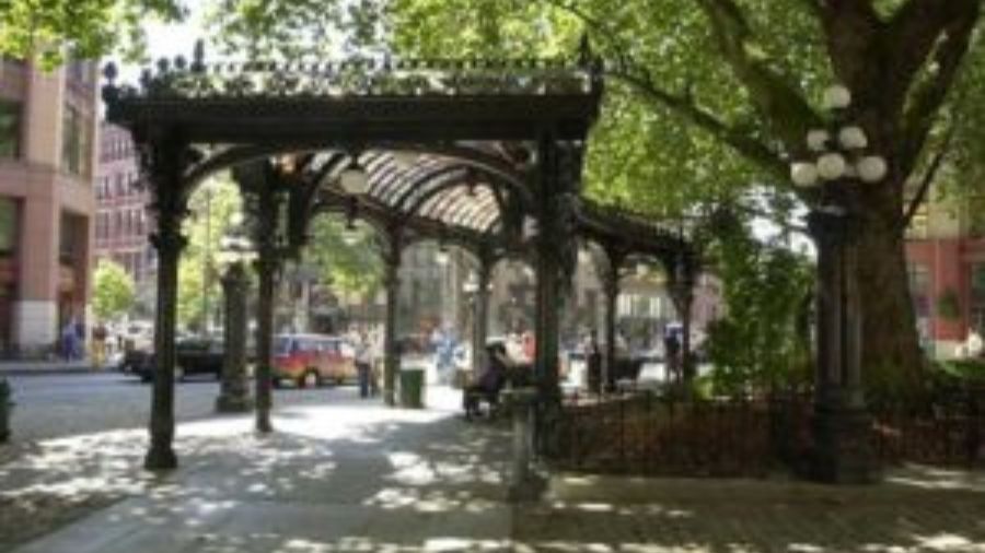 A photo of the Pioneer Square pergola. (Photo courtesy of the Seattle Municipal Archives)...