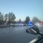 A KIRO Newsradio listener drives past a large police response on SR 599 offramp in Tukwila. (Photo courtesy of Seattle's Morning News)