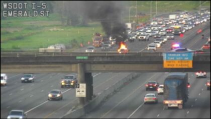Northbound I-5 reopens in Fife after car fire breaks out