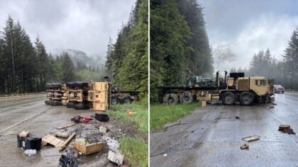 Army vehicle loses control, rolled over on WB I-90 near Snoqualmie Pass