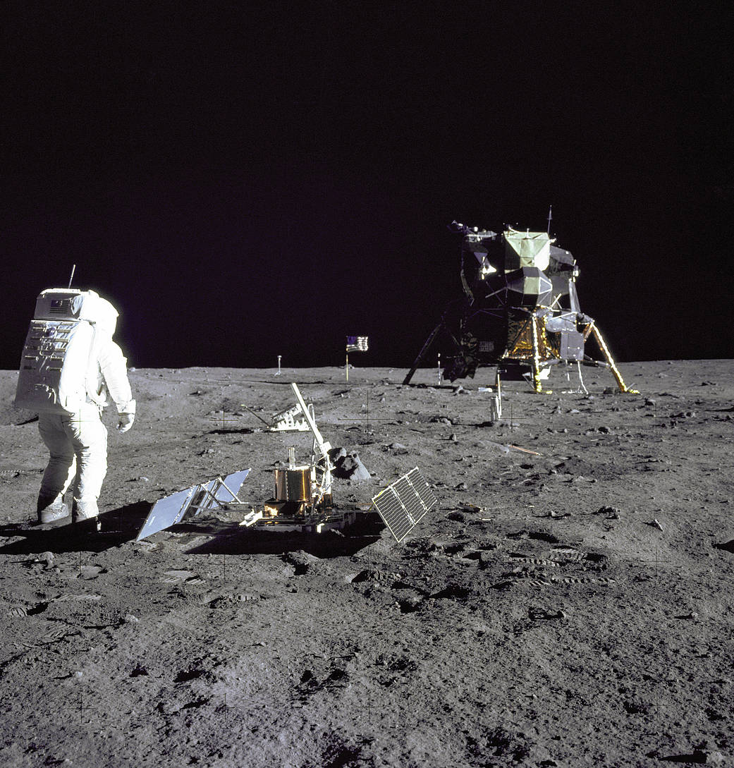 FILE- In this image released by NASA, Astronaut Edwin E. Aldrin Jr., a lunar module pilot, stands o...