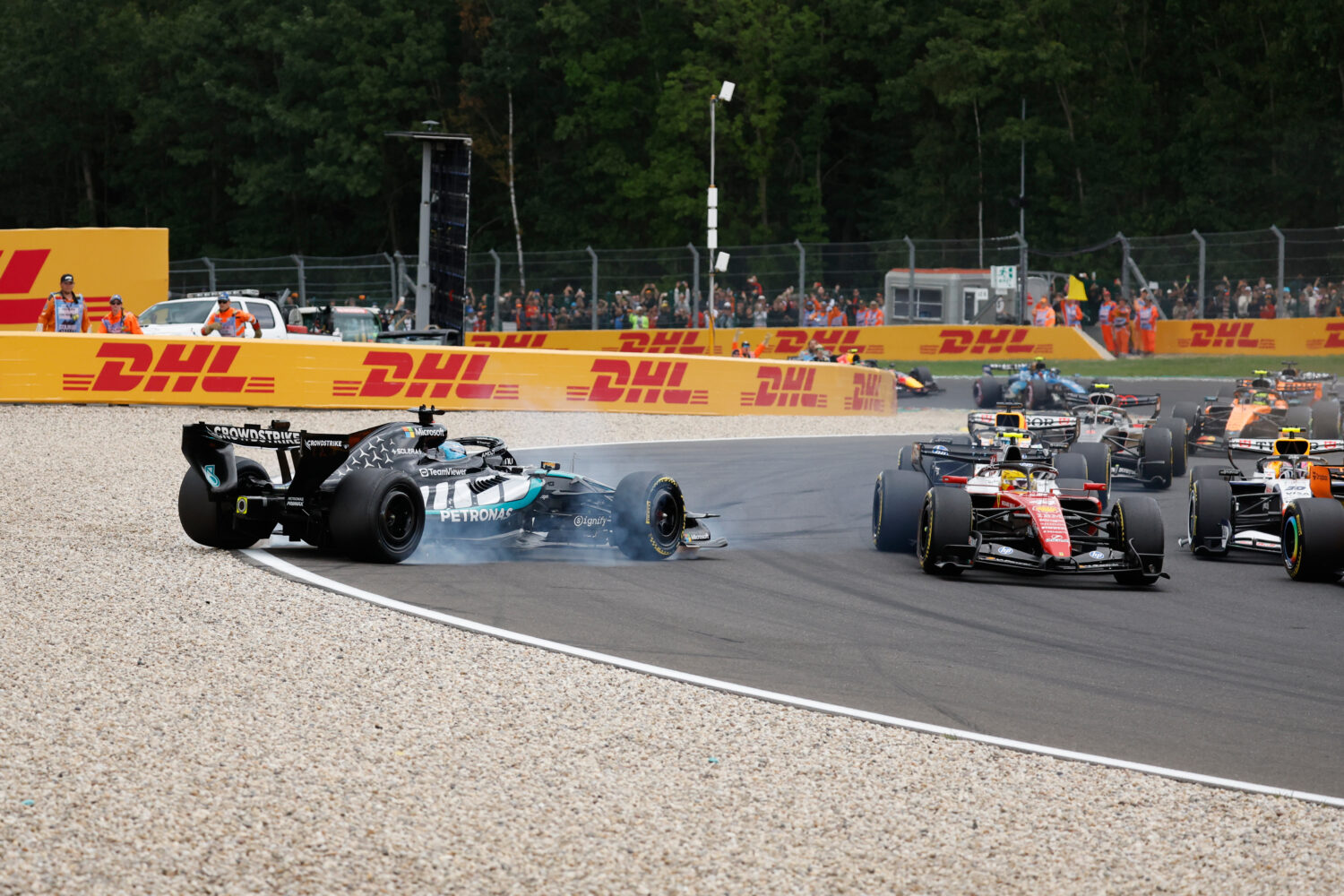 Mercedes driver George Russell of Britain spins off the track during the Formula One Grand Prix at ...