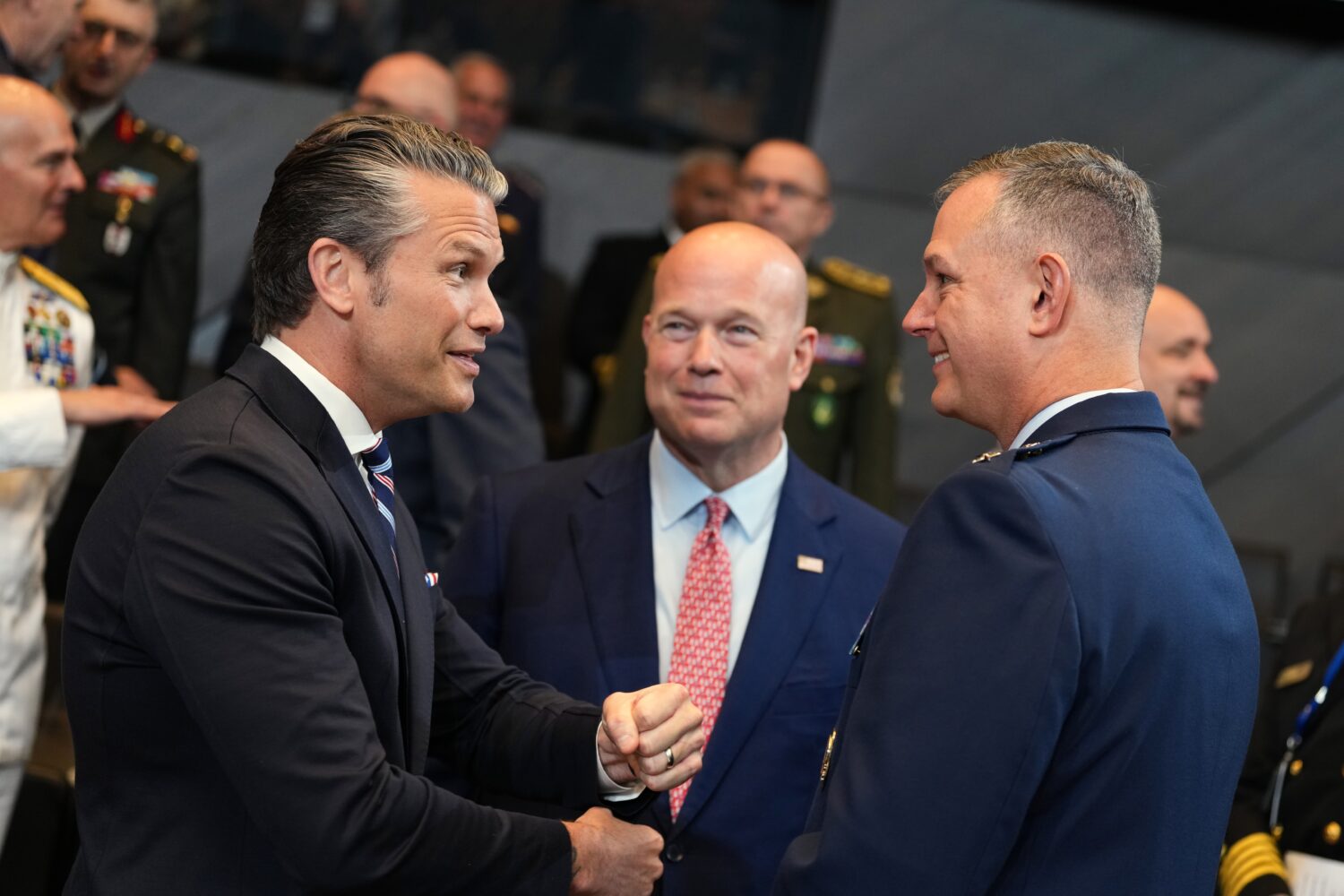 United States Defense Secretary Pete Hegseth, left, speaks with NATO's Supreme Allied Commander Eur...