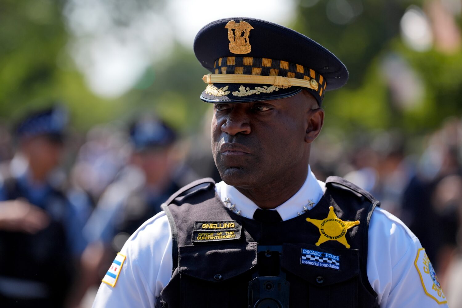 FILE - Chicago Police Superintendent Larry Snelling watches a march to the Democratic National Conv...