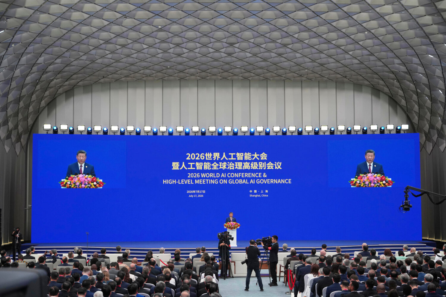 Chinese President Xi Jinping speaks at the opening ceremony for the World AI Conference in Shanghai...