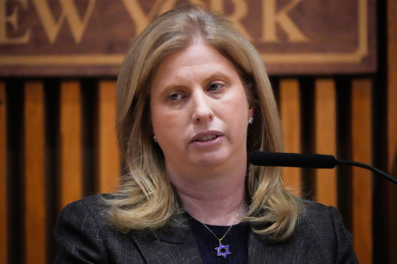 FILE - New York Police Commissioner Jessica Tisch speaks during a news conference in New York, on M...