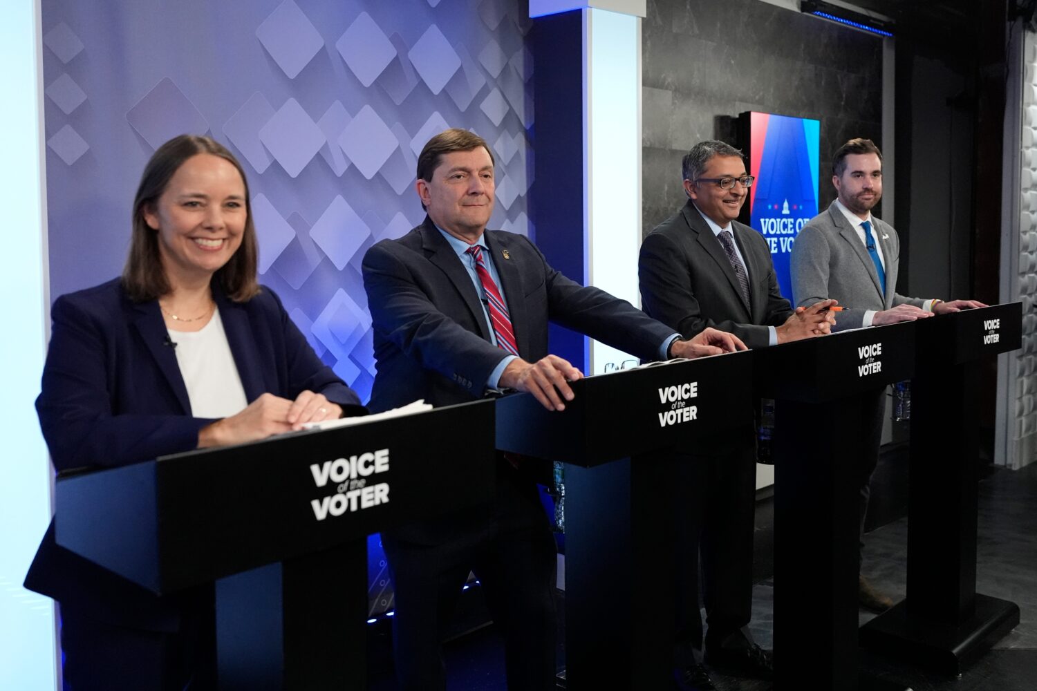 From left, U.S. Senate candidates Shenna Bellows, Troy Jackson, Dr. Nirav Shah, and Jordan Wood pre...