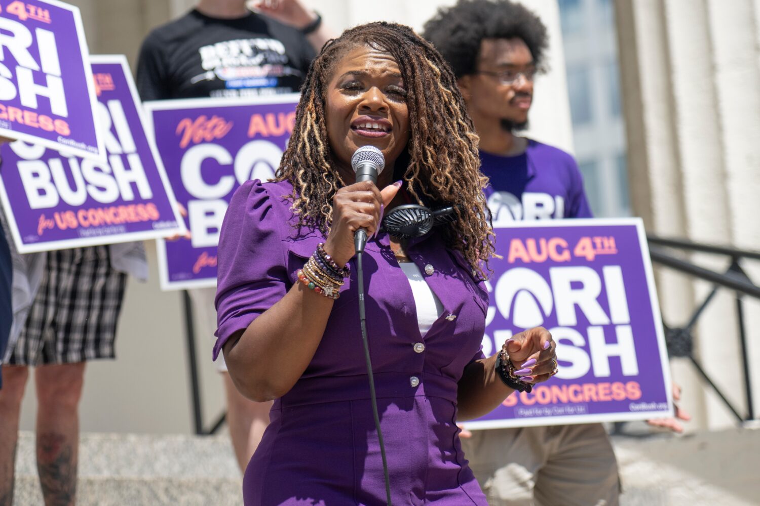 Former Rep. Cori Bush, D-Mo., speaks during a campaign rally on Saturday, July 18, 2026, in St. Lou...