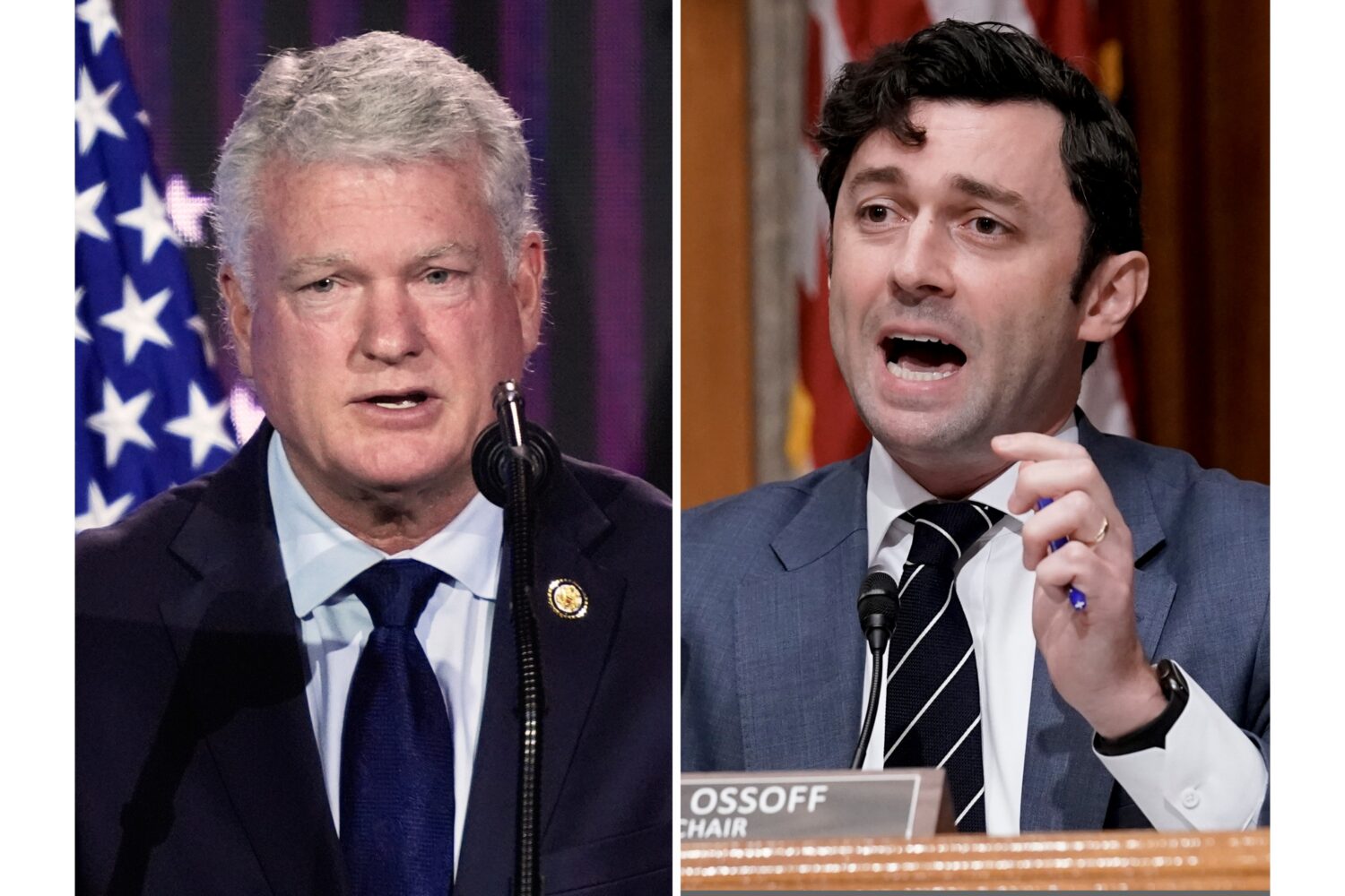 At left, Rep. Mike Collins, R-Ga., speaks June 26, 2026, in Washington, and at right, Sen. Jon Osso...