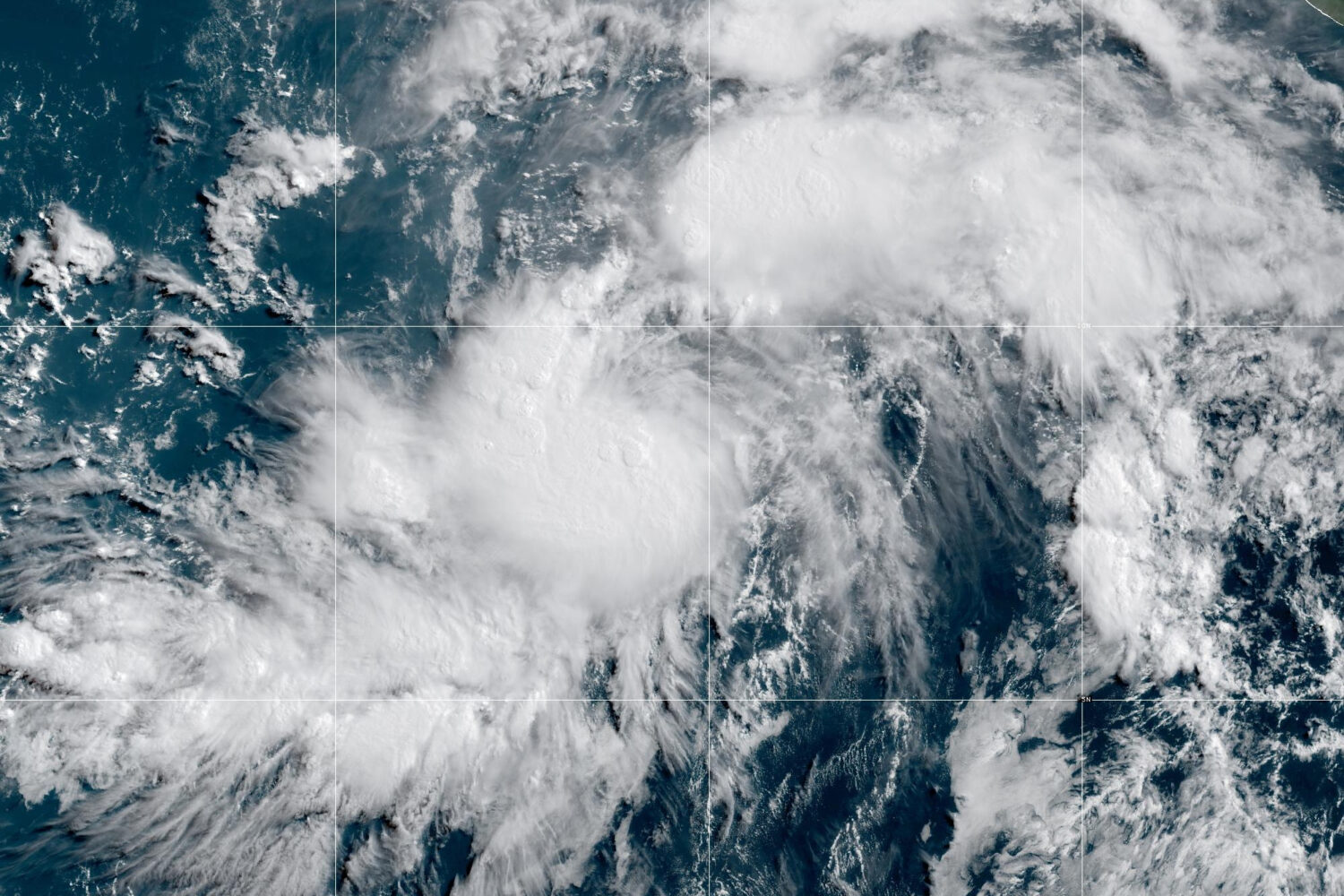 This GOES-19 GeoColor satellite image provided by NOAA shows Tropical Storm Genevieve in the Easter...